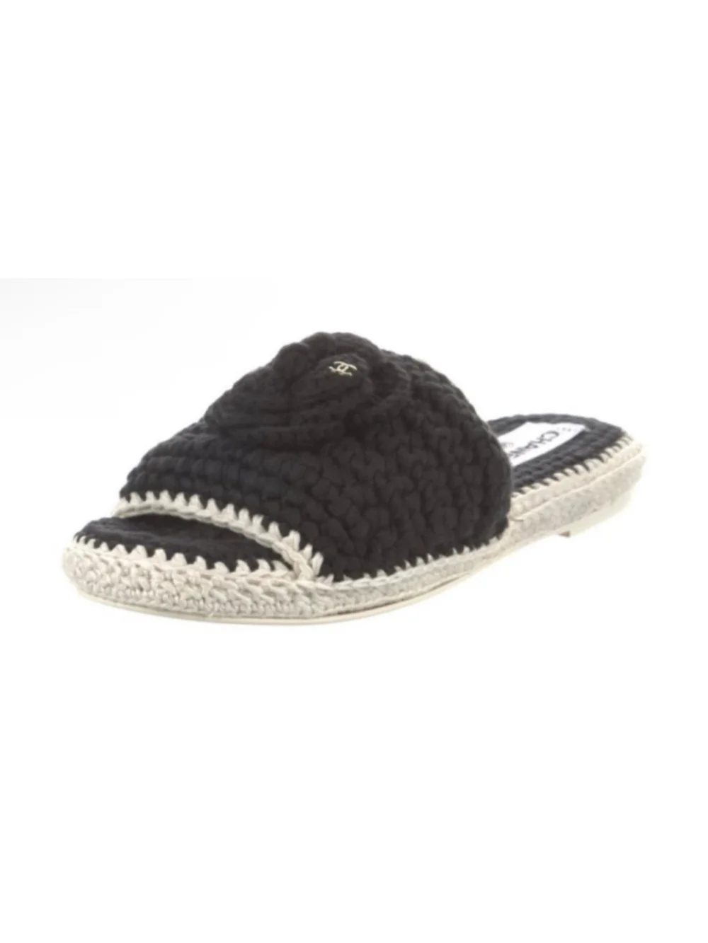 Chanel Crochet Camellia Flower Slide Sandals Black Beige 7/37